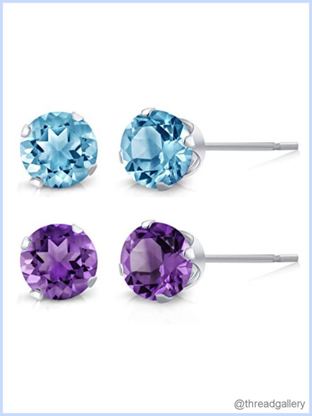 925 Sterling Silver Round Amethyst & Topaz Stud Earrings Set of 2 Prong Push